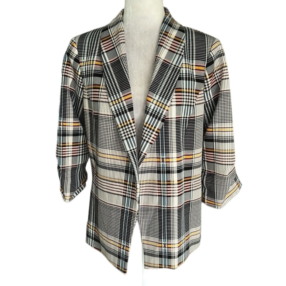 NWT Jules & Leopold Plaid Printed Ruched 3/4 Sleeve Blazer - M